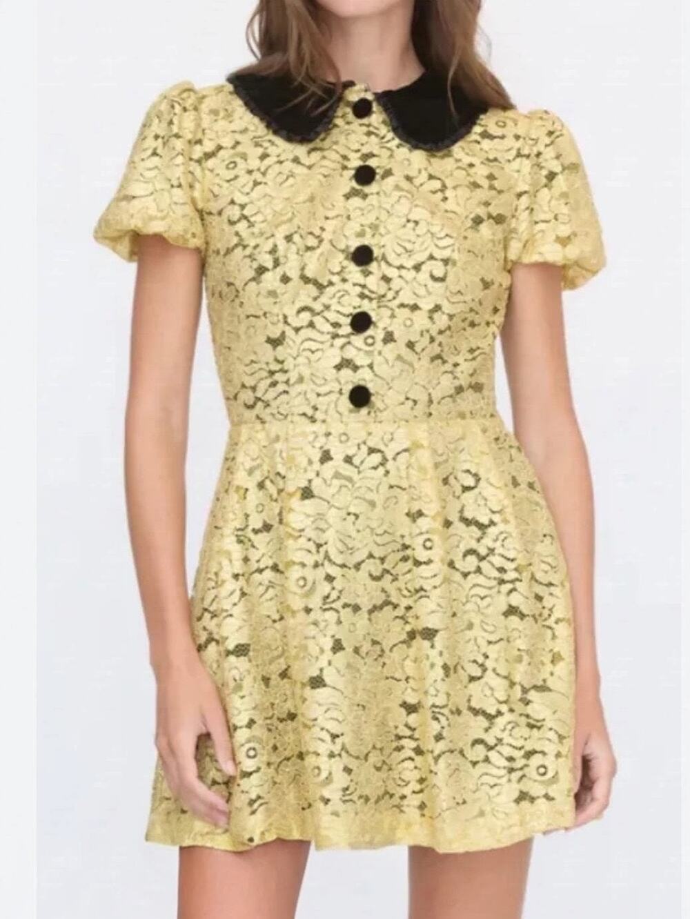Hill House Home Celeste Mini Dress Gold Metallic Lace Black Velvet Size M